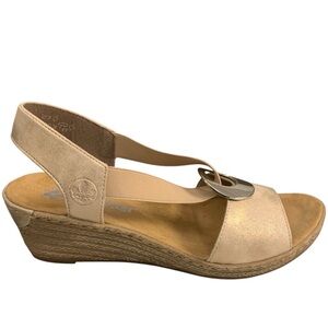 Rieker Sandals Womens 38 Gold Tan Summer Slip On Wedge Comfort Vacation Wedding